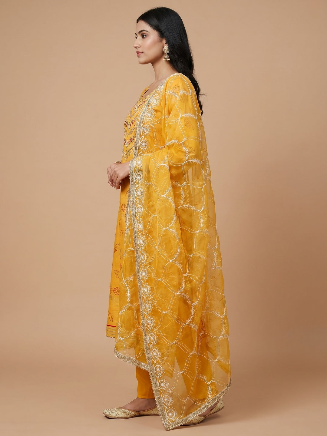 Yellow Floral Printed Handwork Modal Dress Material - Image 2