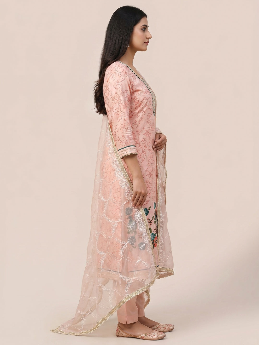 Peach Floral Printed Modal Dress Material - Image 2
