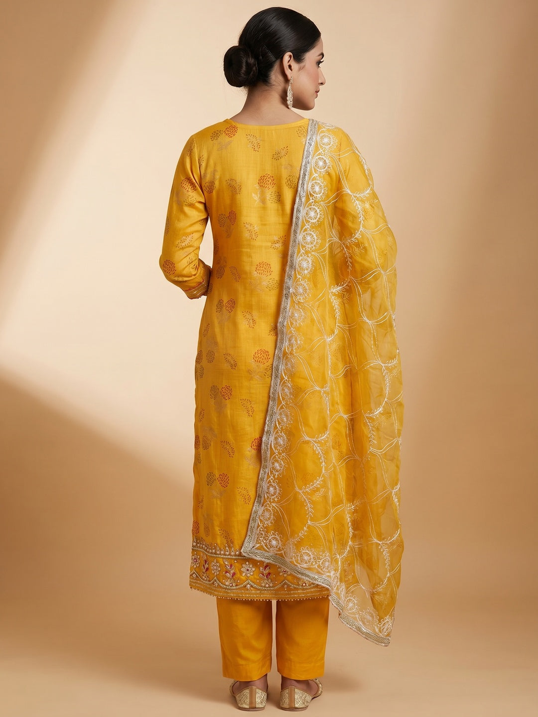 Yellow Floral Printed Handwork Modal Dress Material - Image 3