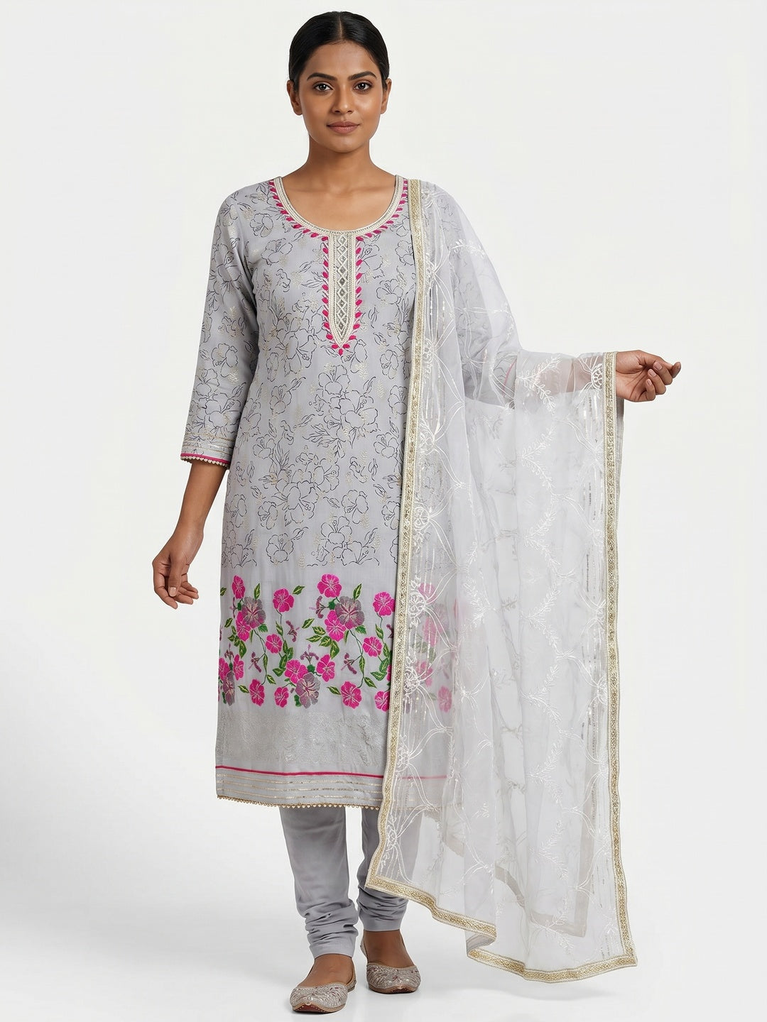 Grey Floral Printed Modal Dress Material - Image 1