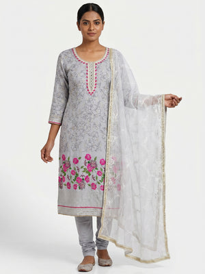 Grey Floral Printed Modal Dress Material - Image 1