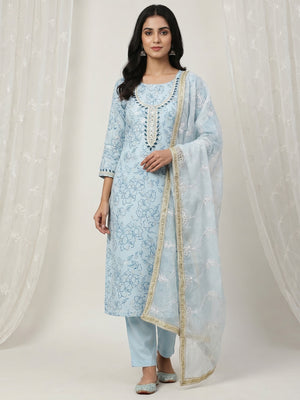 Blue Floral Printed Modal Dress Material - Image 1