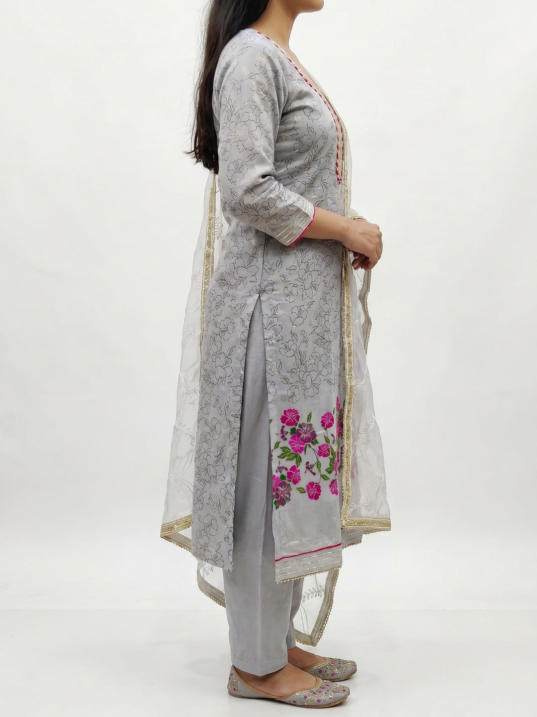 Grey Floral Printed Modal Dress Material - Image 2