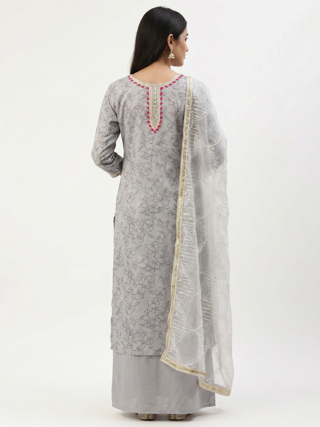 Grey Floral Printed Modal Dress Material - Image 3