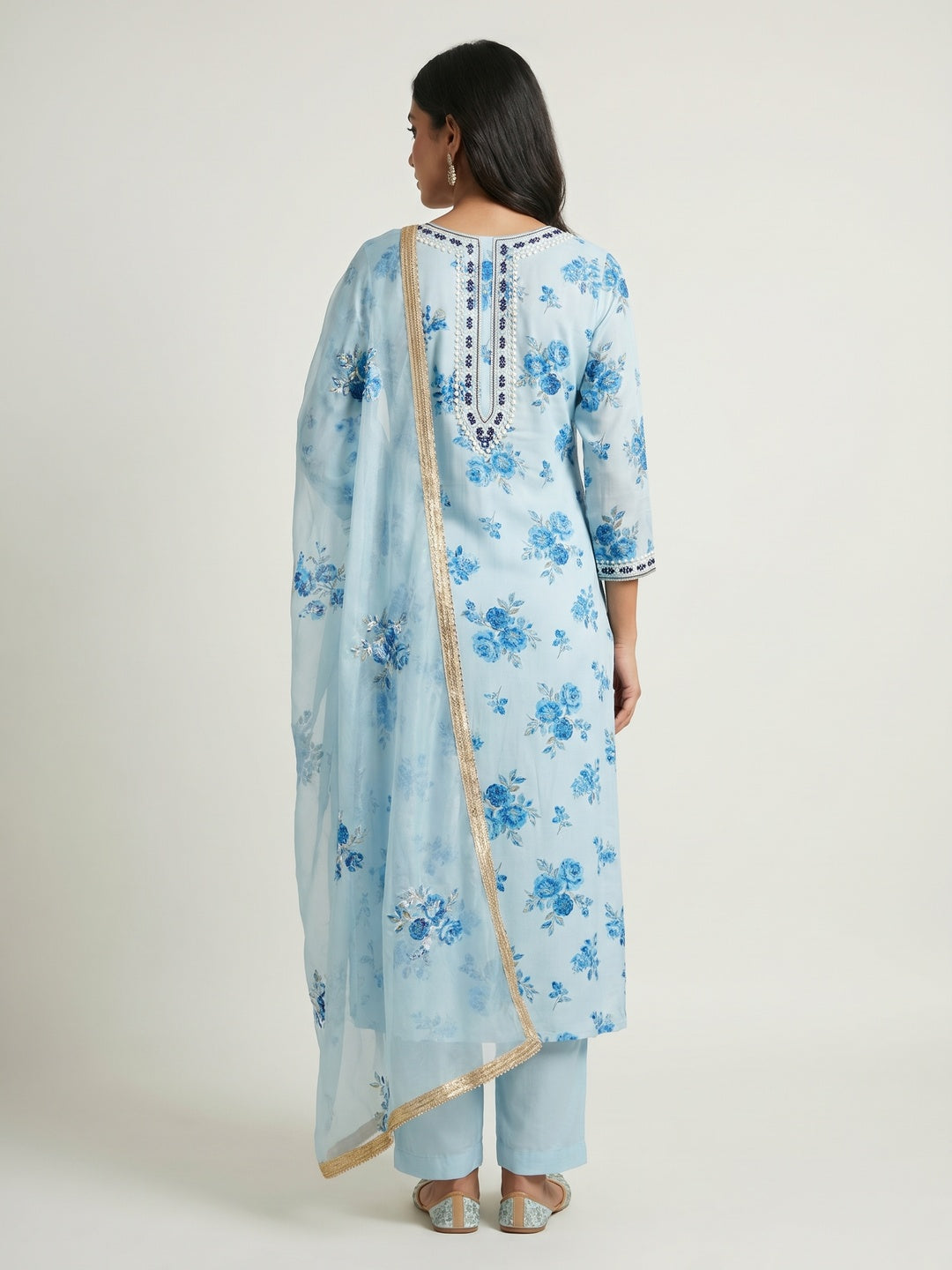 Blue Floral Printed Modal Dress Material - Image 3