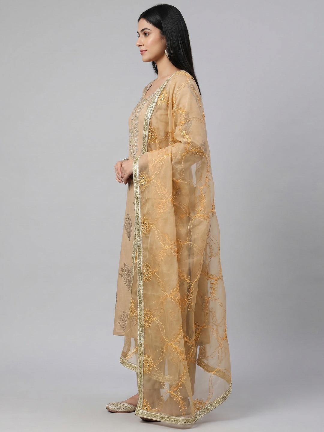 Dark Beige Printed With Handwork Modal Dress Material - Image 2