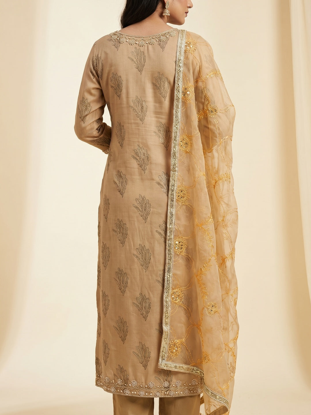 Dark Beige Printed With Handwork Modal Dress Material - Image 3