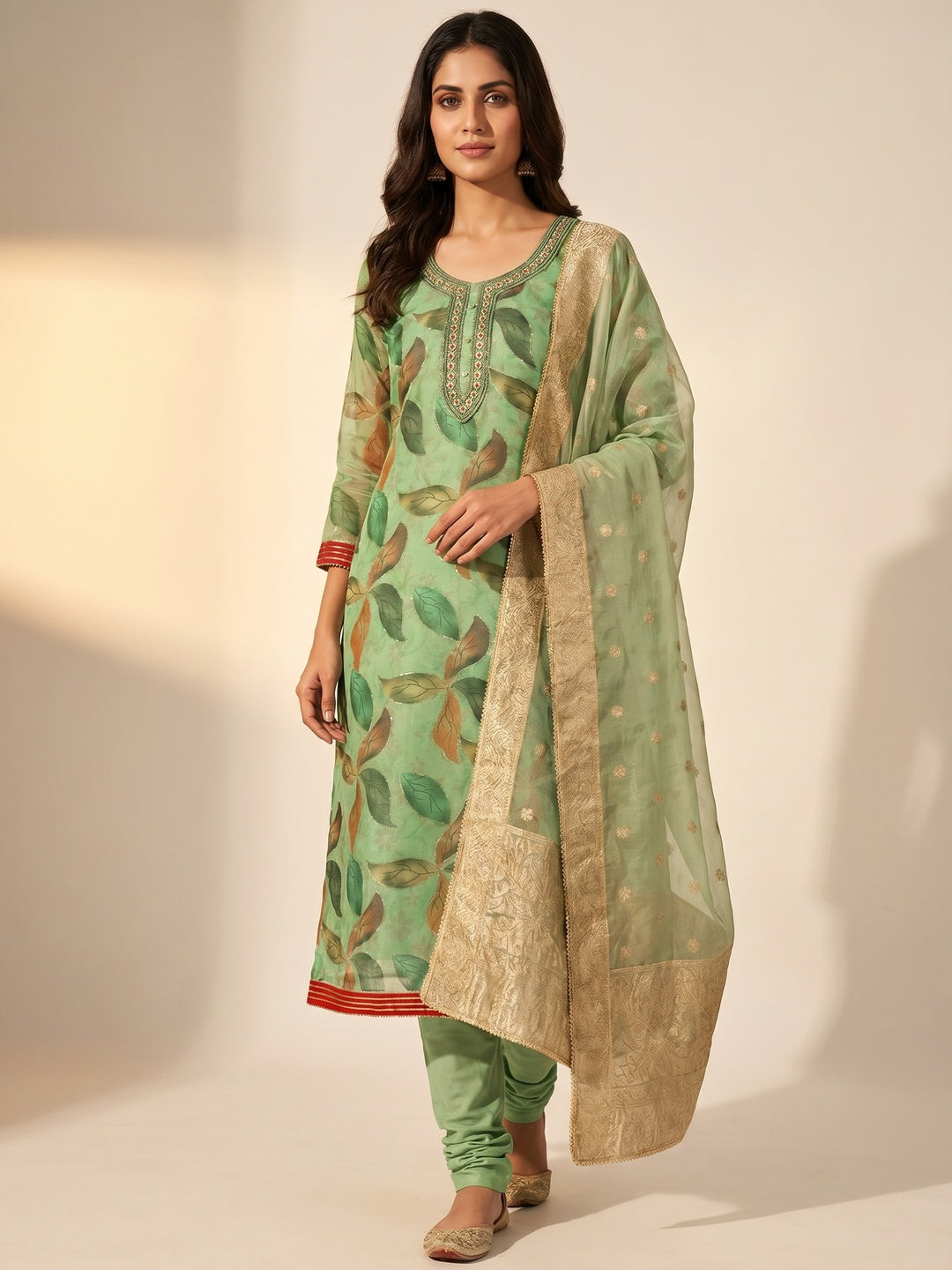 Green Digital Printed With Handwork Organza Dress Material - Image 1