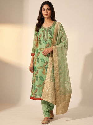 Green Digital Printed With Handwork Organza Dress Material - Image 1