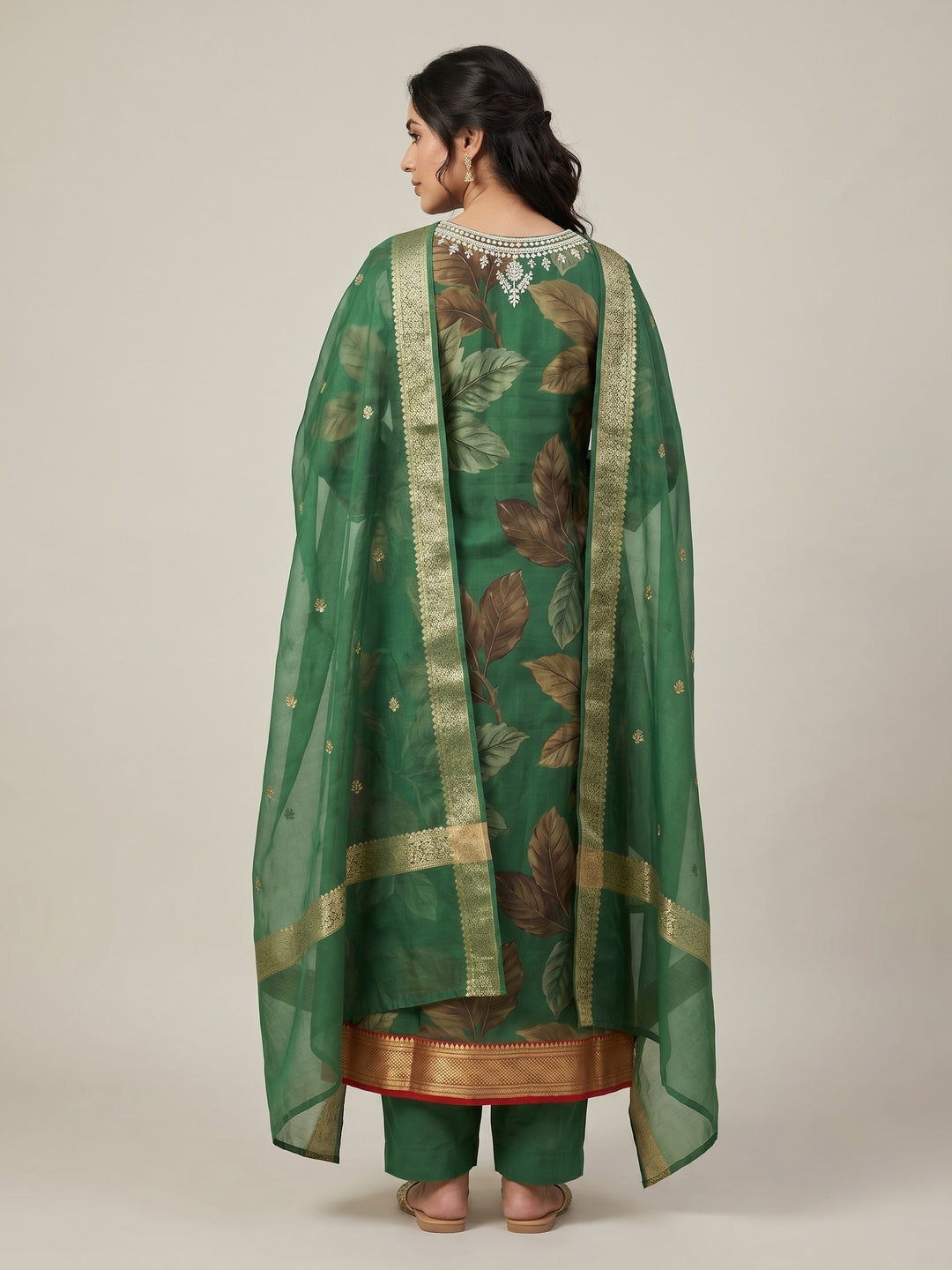 Green Digital Printed With Handwork Organza Dress Material - Image 2