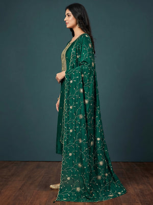Green Sequins Embroidered Chinon Dress Material - Image 1