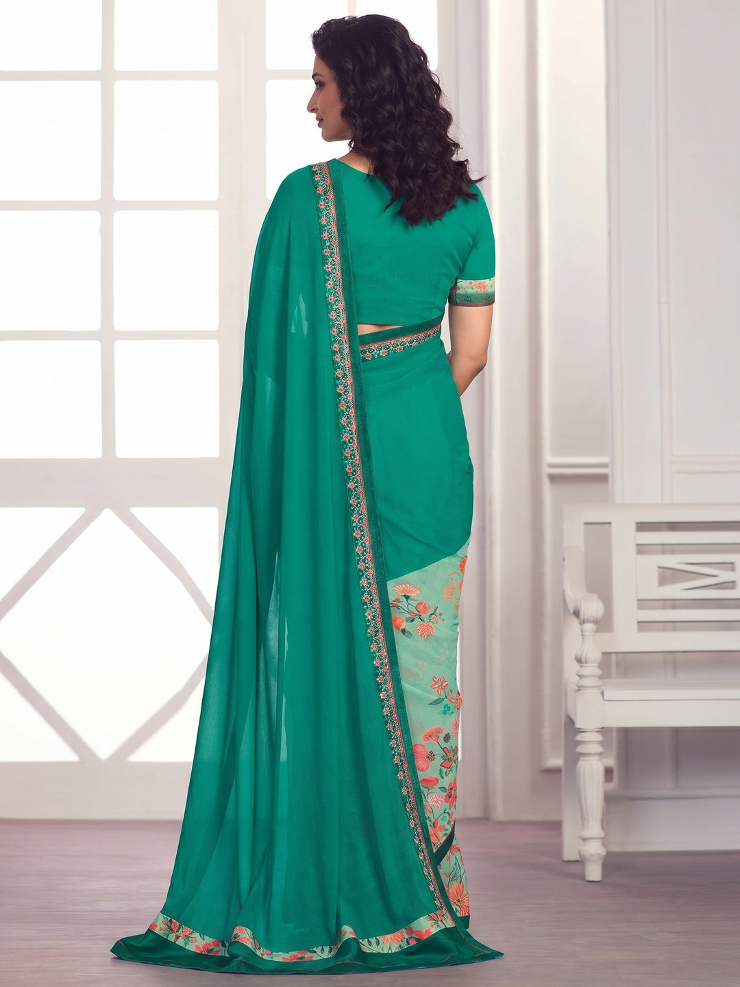 Turquoise Floral Printed Georgette Saree - Image 1