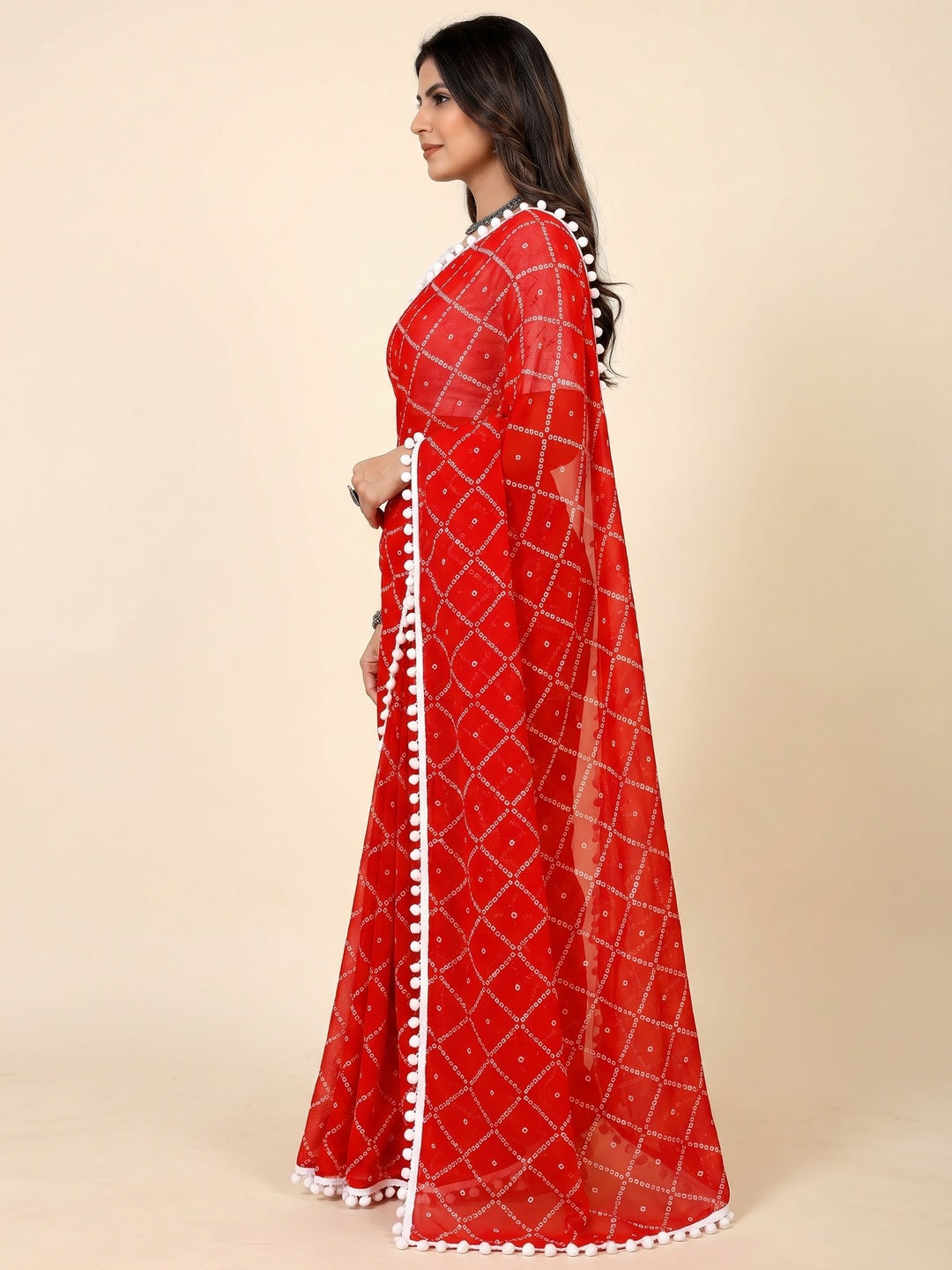 Red Bandhani Printed Georgette Saree - Image 1