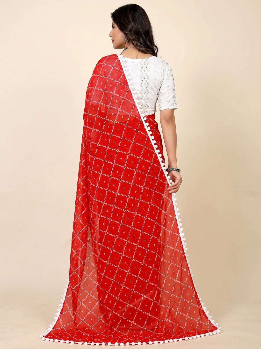 Red Bandhani Printed Georgette Saree - Image 2