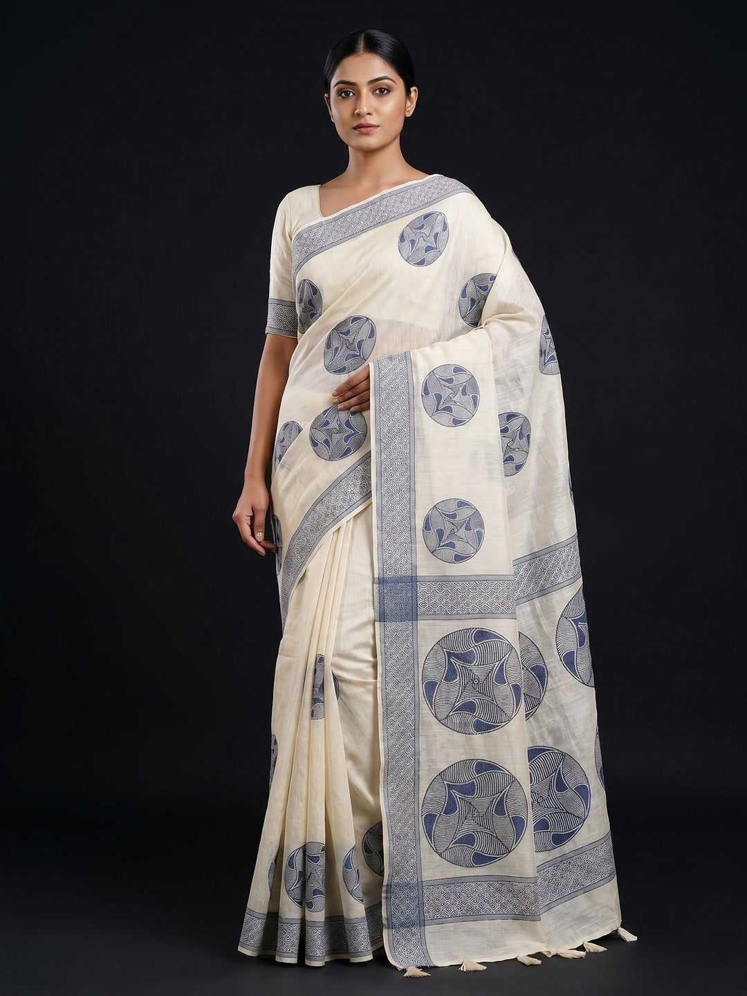 Off White Woven Pure Cotton Saree With Tassels - Image 1