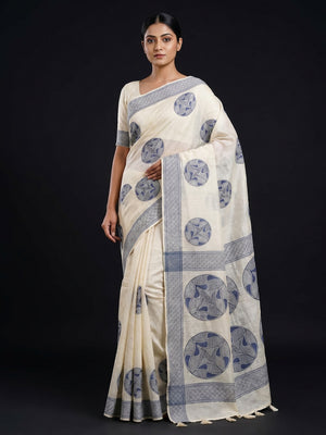 Off White Woven Pure Cotton Saree With Tassels - Image 1