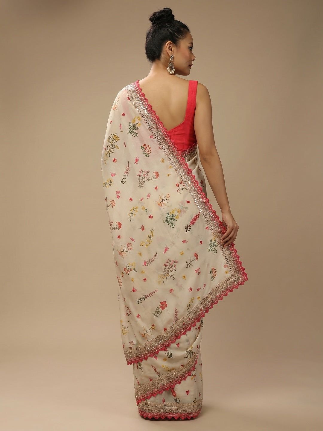 Off White Floral Printed Chinon Saree - Image 1