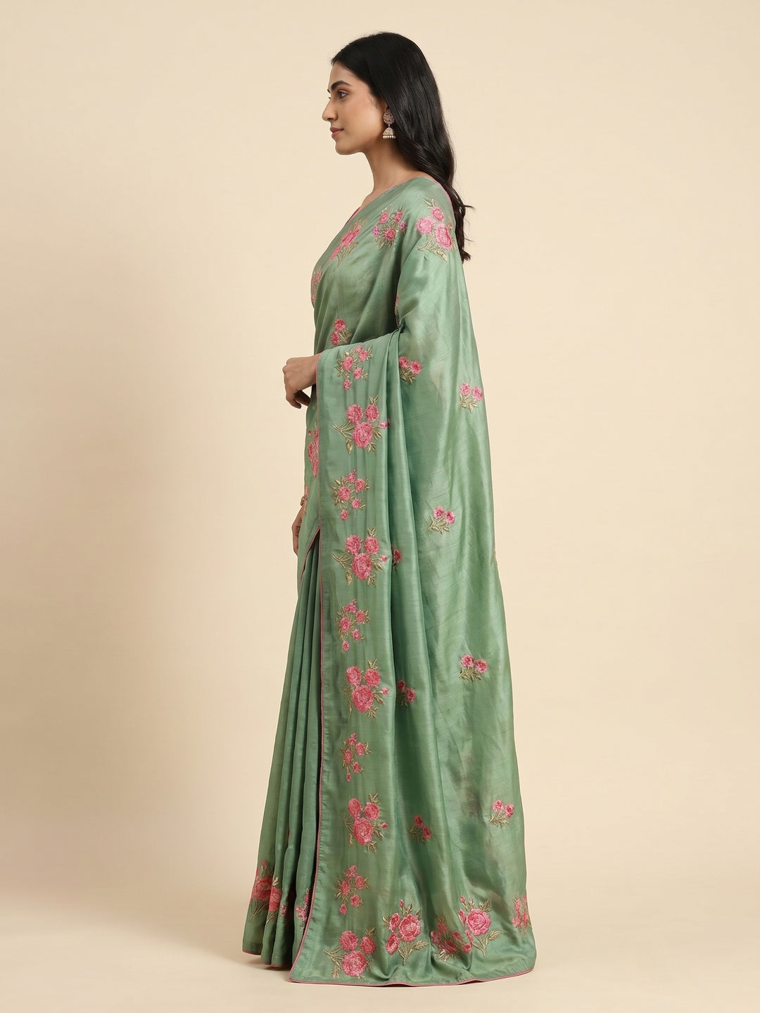 Green Floral Embroidered Vichitra Silk Saree - Image 2