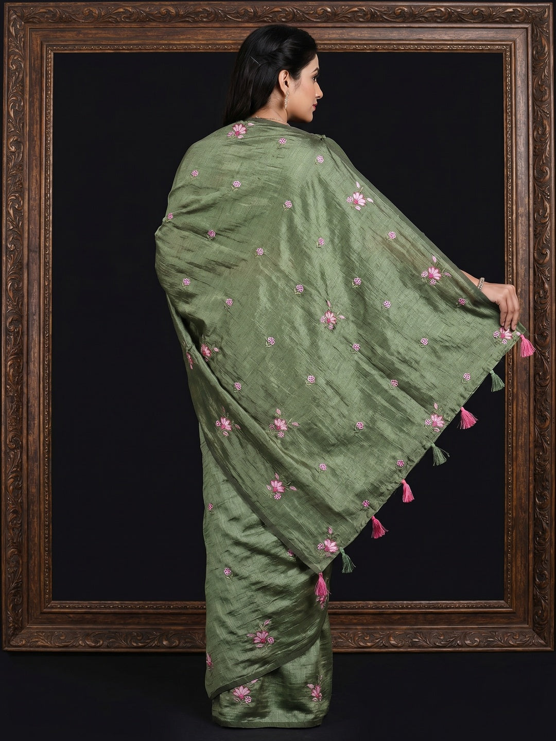 Green Floral Embroidered Vichitra Silk Saree - Image 3