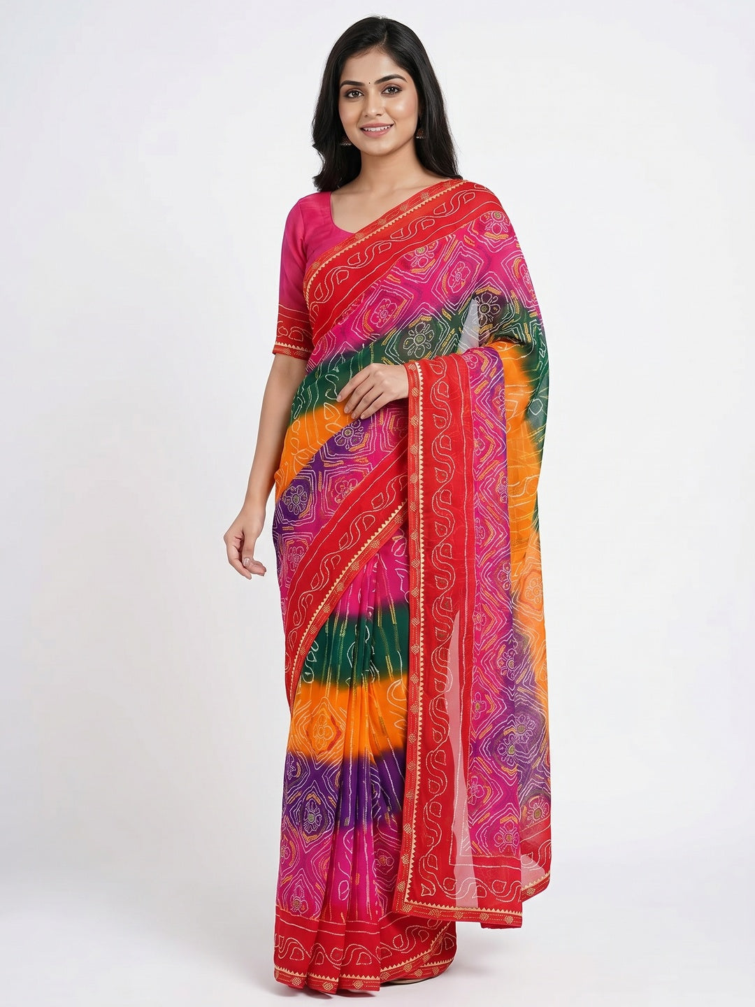 Multicolor Printed Georgette Saree With Diamond Lace Border - Image 1