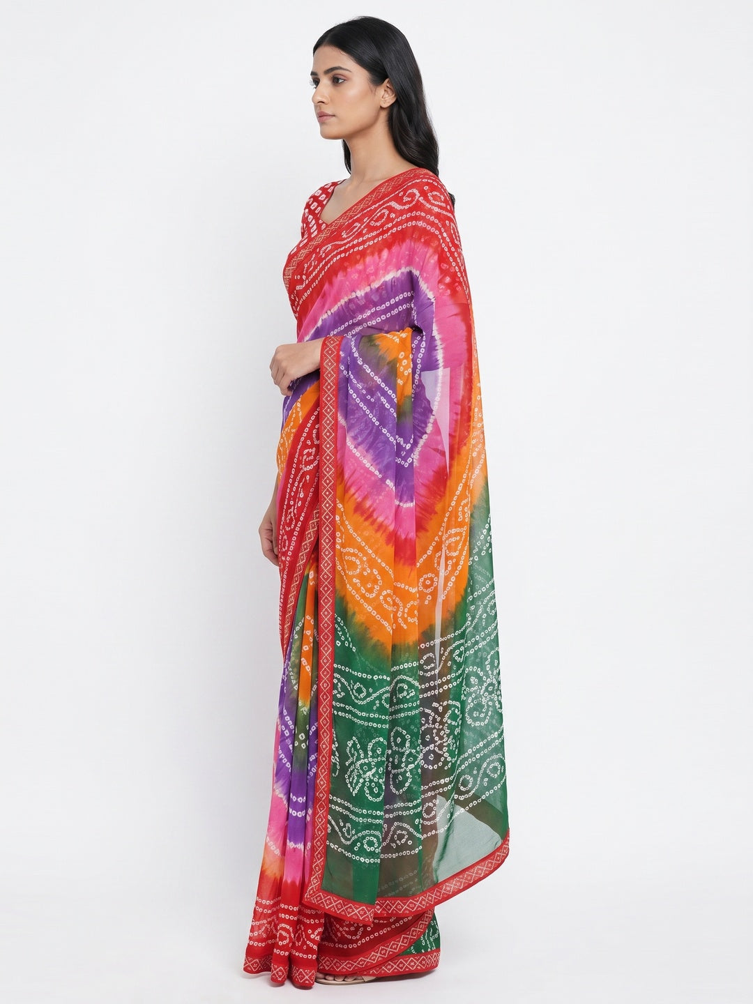 Multicolor Printed Georgette Saree With Diamond Lace Border - Image 3
