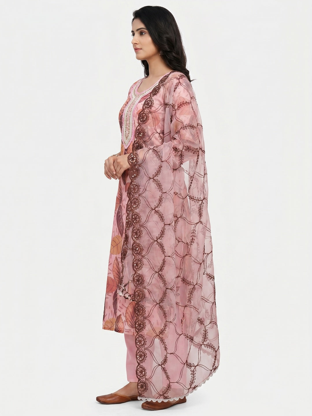 Pink Printed Organza Dress Material - Image 1