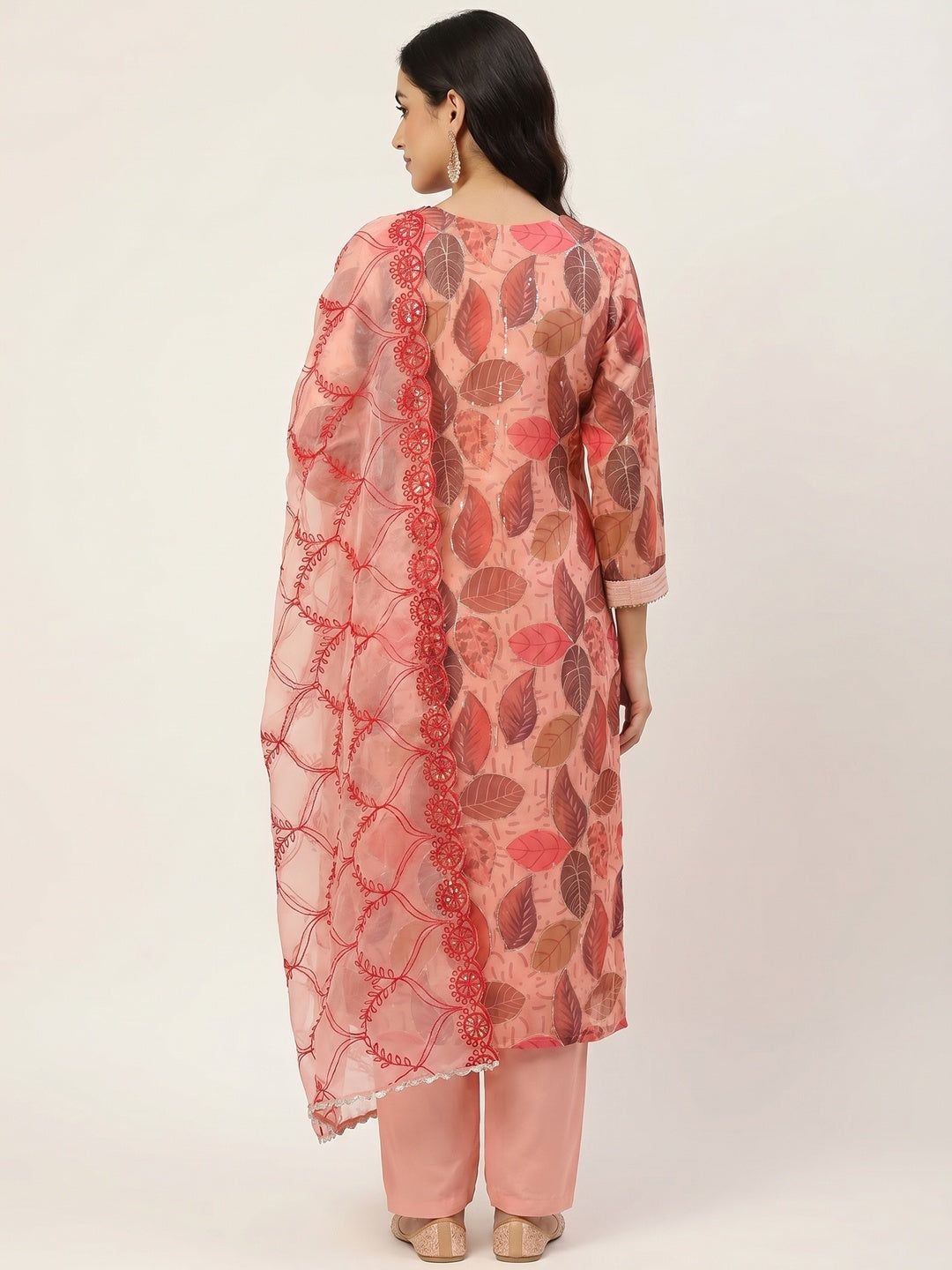 Peach Printed Organza Dress Material - Image 2