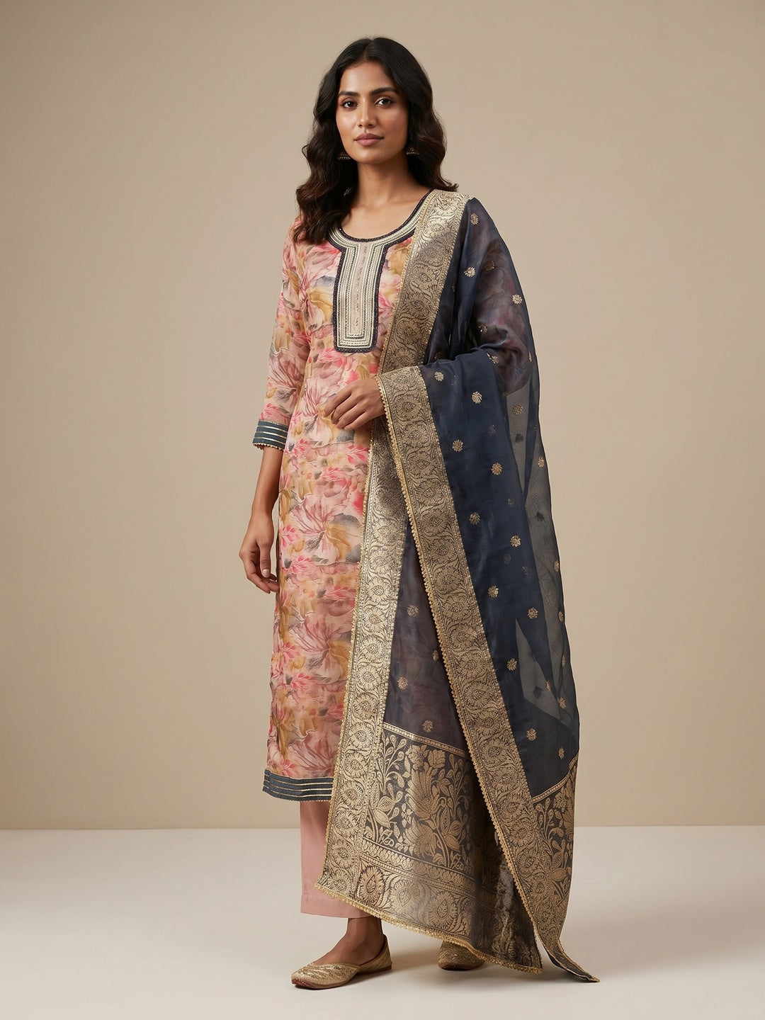 Peach Floral Printed Organza Dress Material - Image 1