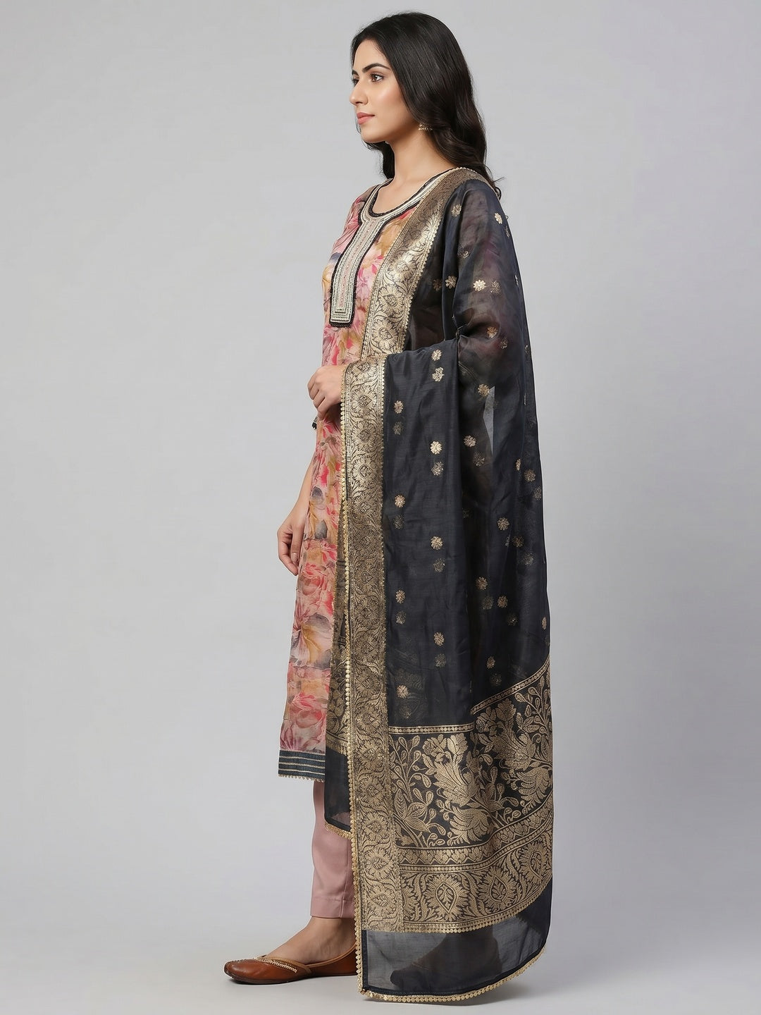 Peach Floral Printed Organza Dress Material - Image 2