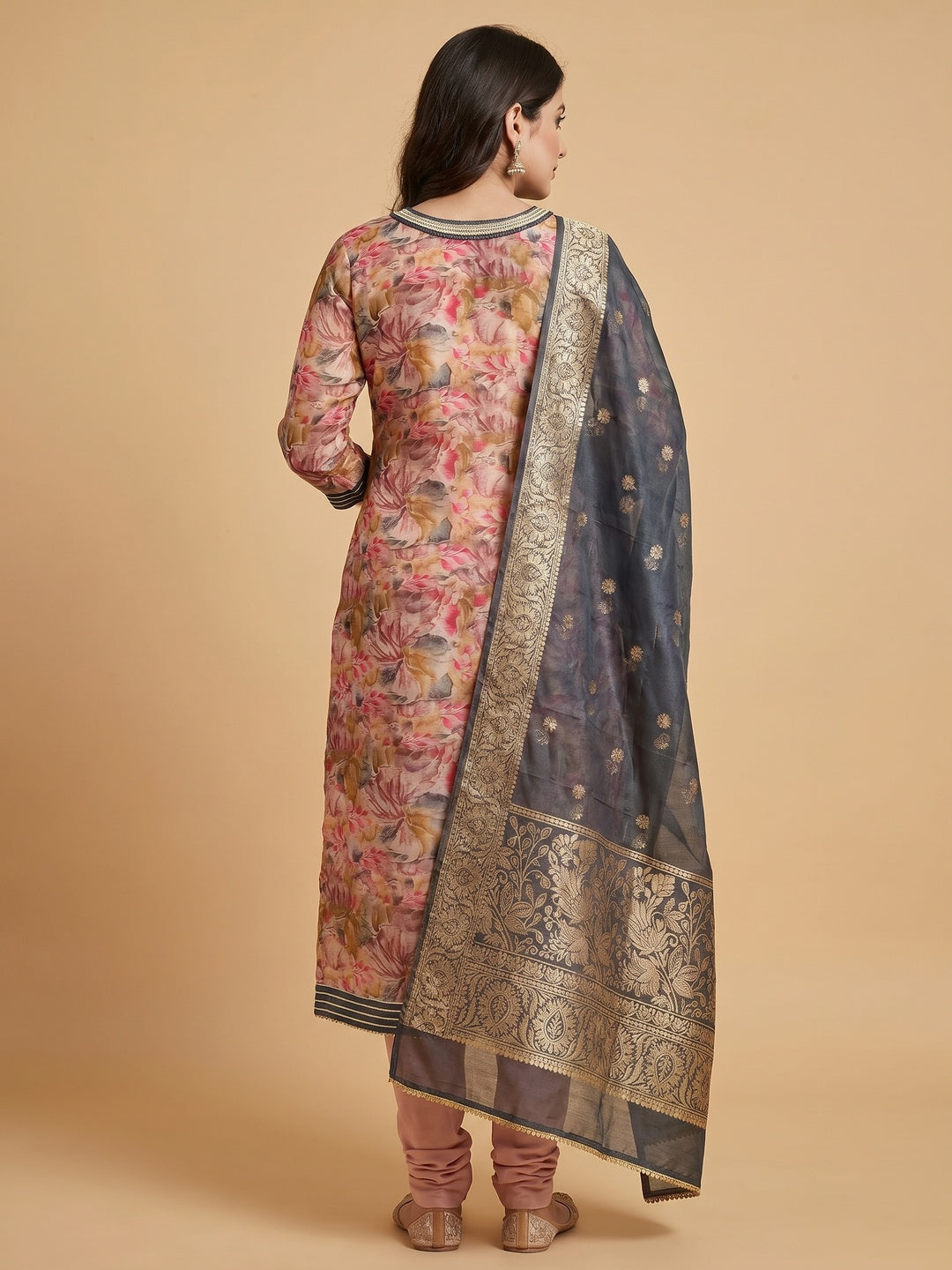 Peach Floral Printed Organza Dress Material - Image 3