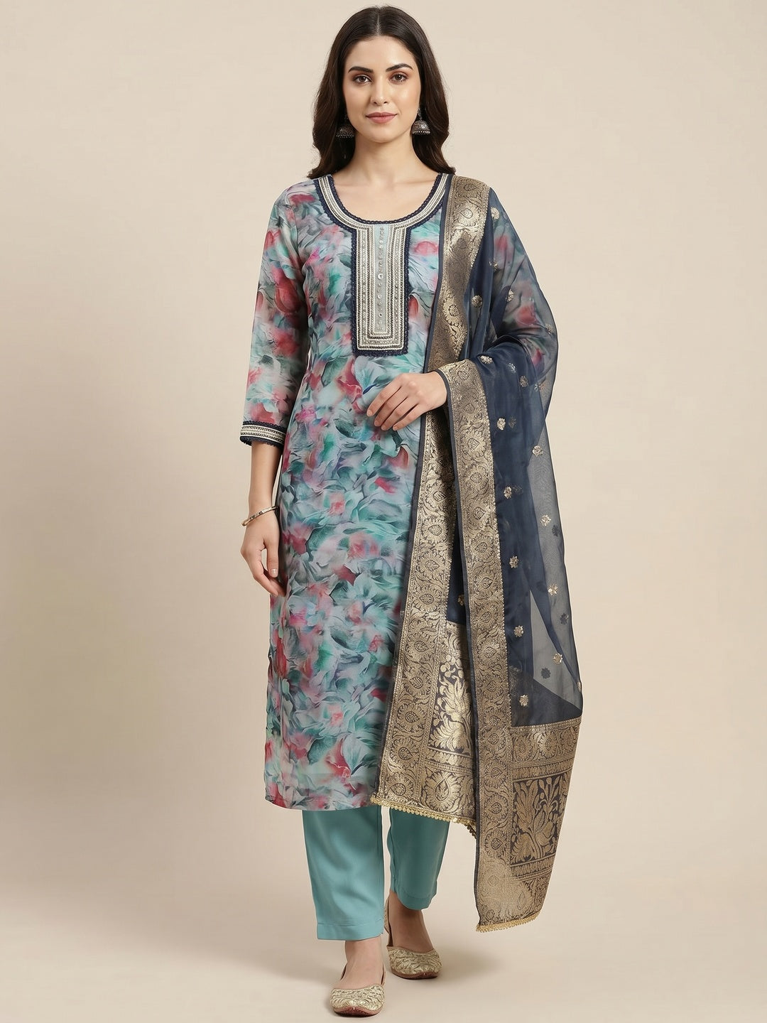 Turquoise Floral Printed Organza Dress Material - Image 1