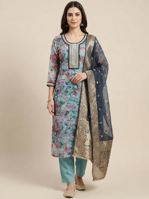 Turquoise Floral Printed Organza Dress Material - Image 1