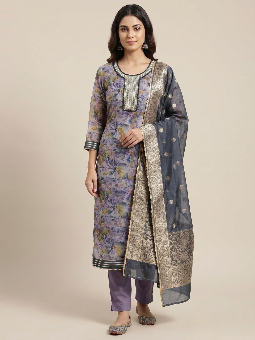 Violet Floral Printed Organza Dress Material - Image 1