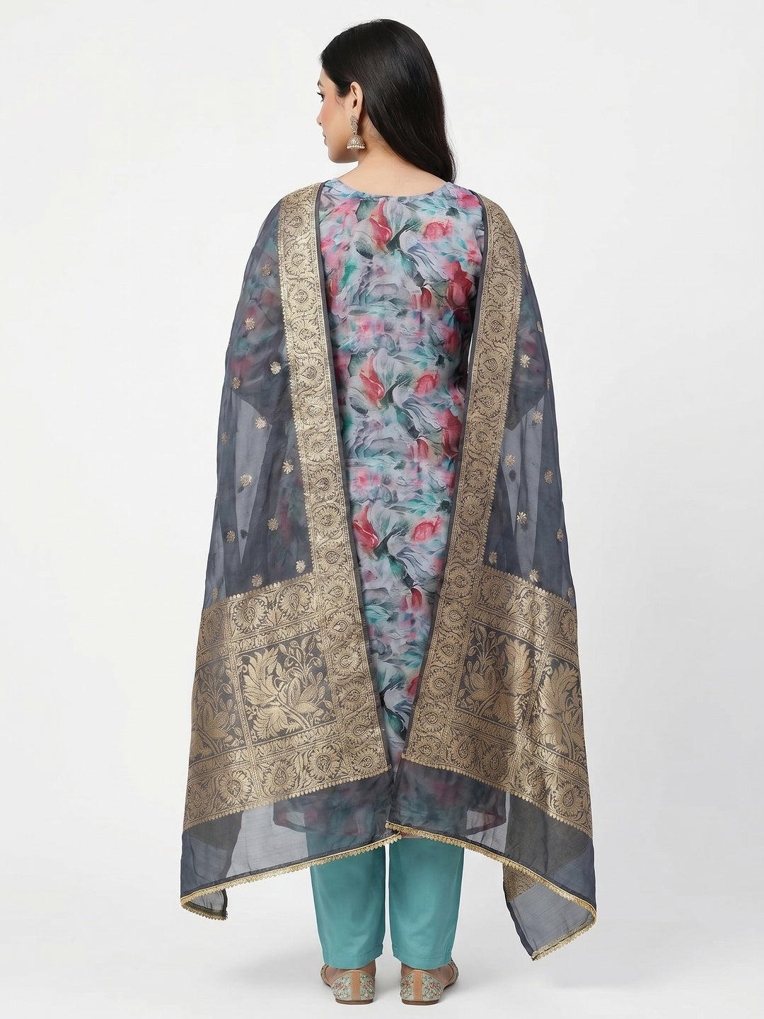 Turquoise Floral Printed Organza Dress Material - Image 3