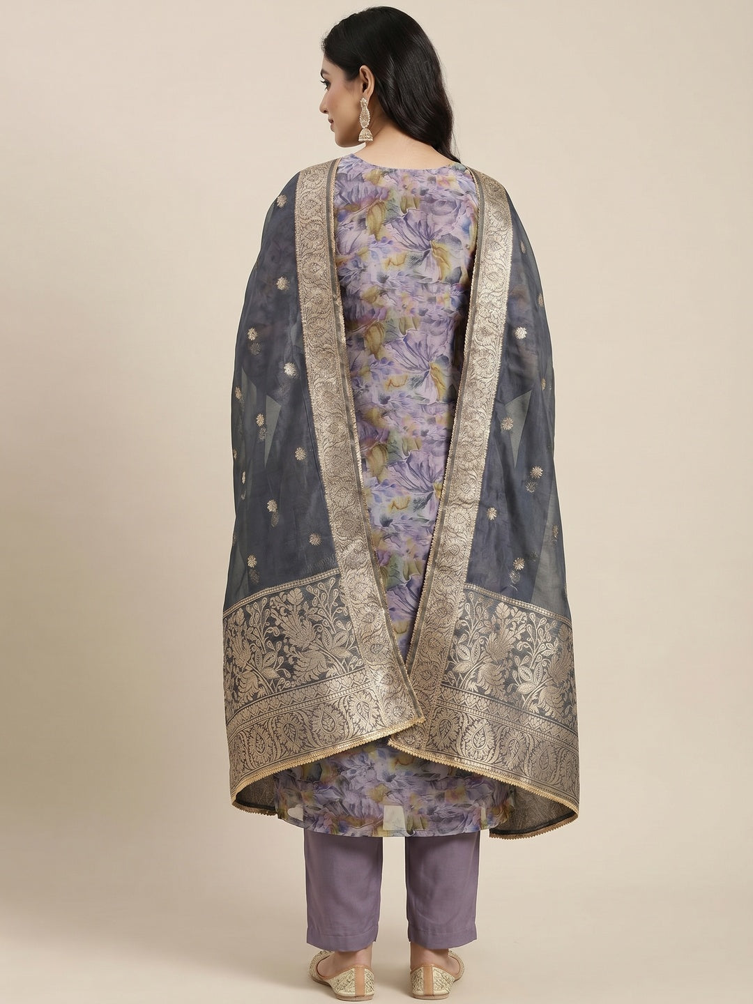 Violet Floral Printed Organza Dress Material - Image 2