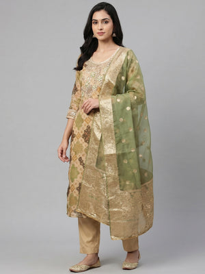 Chikoo Printed Organza Dress Material - Image 1