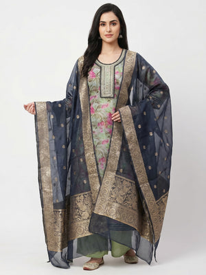 Green Floral Printed Organza Dress Material - Image 1