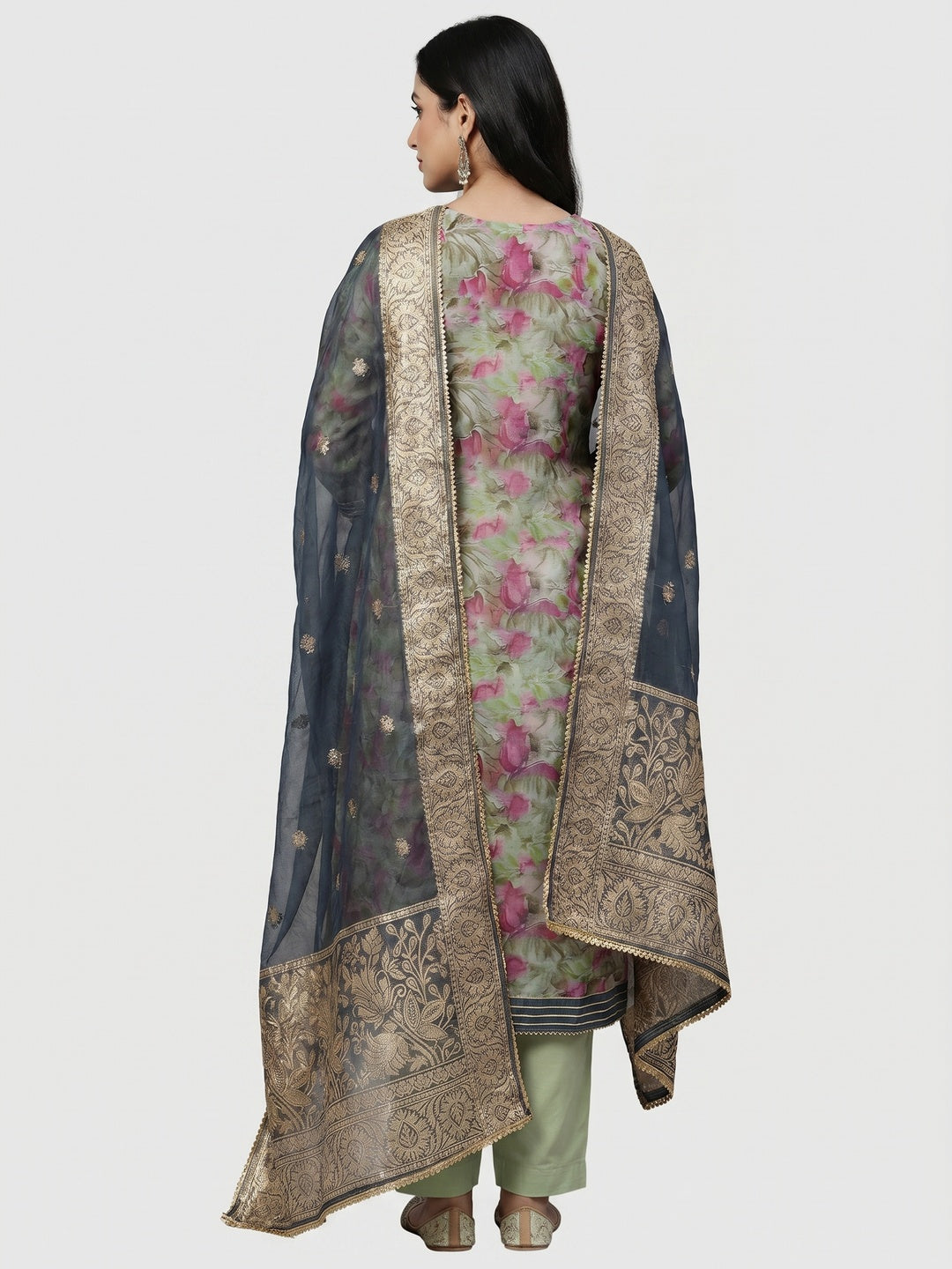 Green Floral Printed Organza Dress Material - Image 3