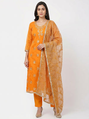 Orange Woven Organza Dress Material - Image 1