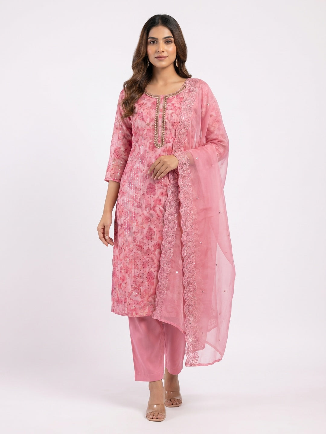 Pink Printed Organza Dress Material - Image 1