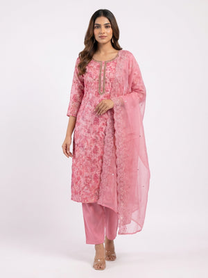 Pink Printed Organza Dress Material - Image 1