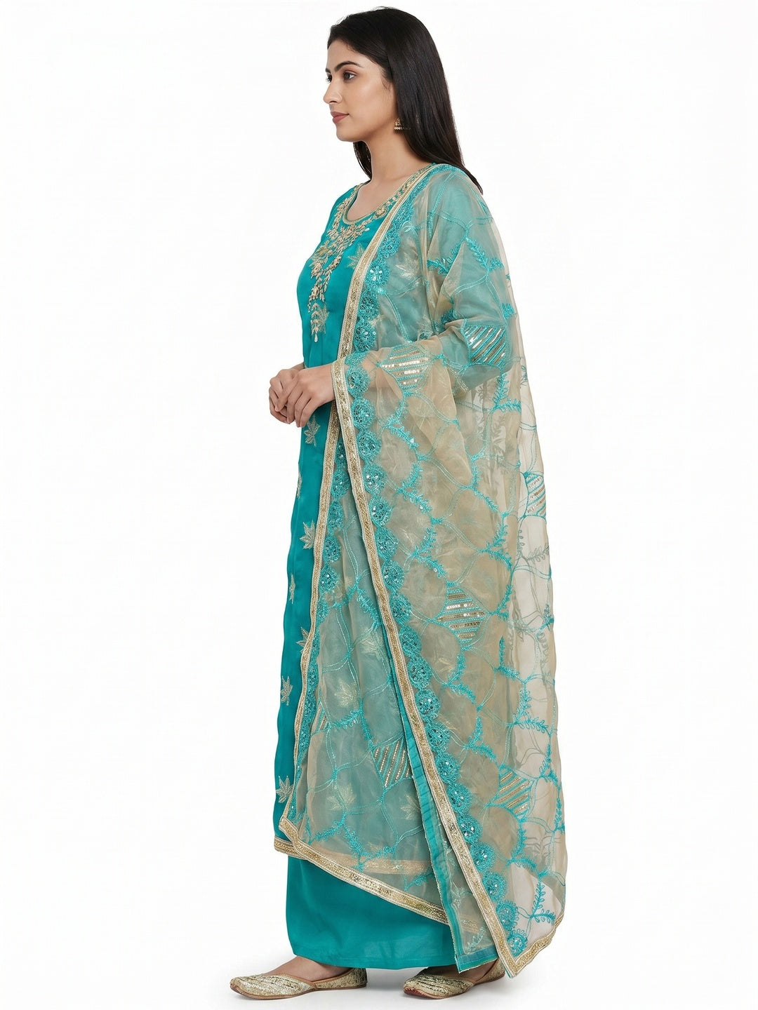 Turquoise Woven Organza Dress Material - Image 2