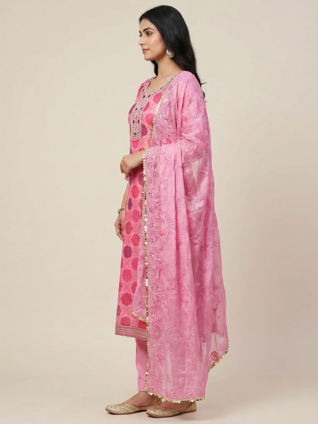 Pink Printed Organza Dress Material - Image 2