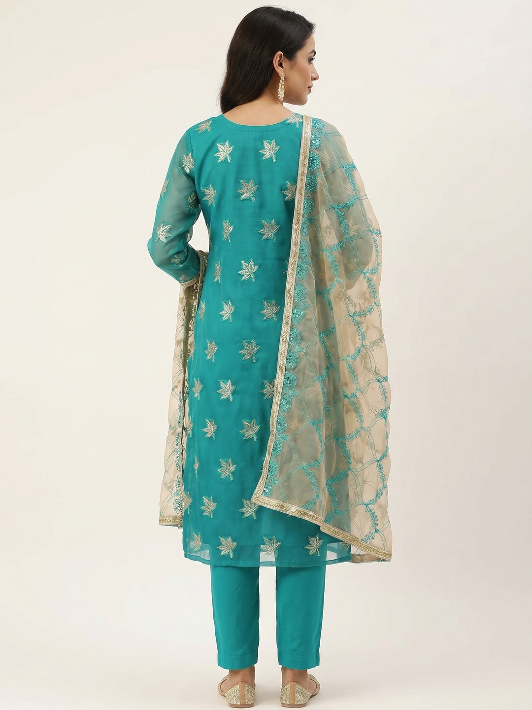 Turquoise Woven Organza Dress Material - Image 3