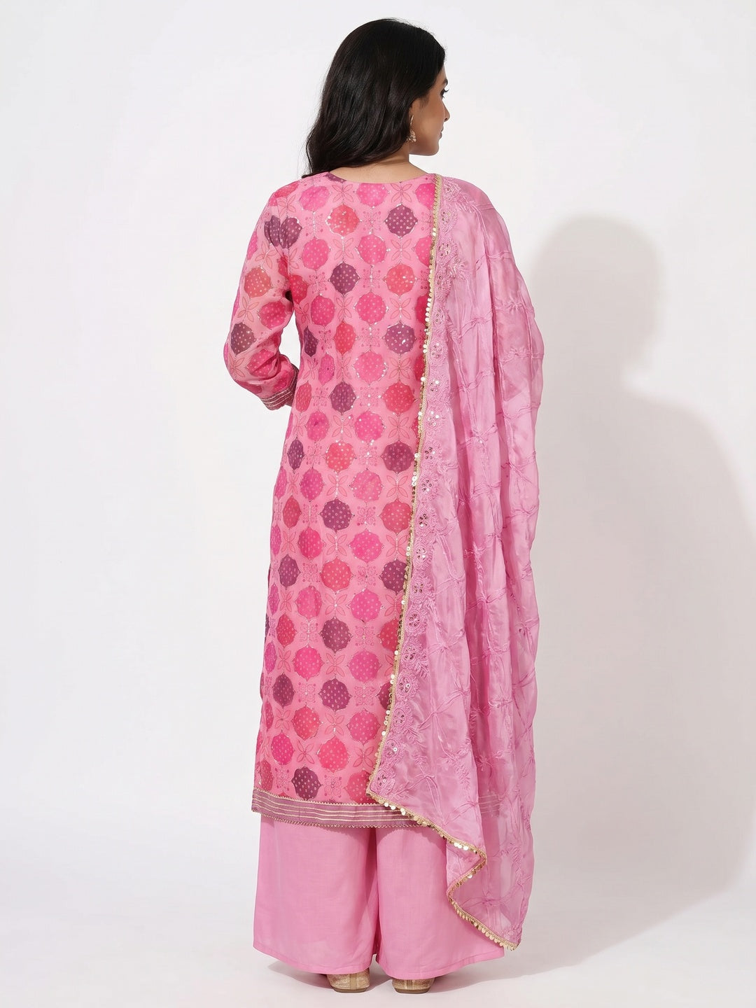 Pink Printed Organza Dress Material - Image 3