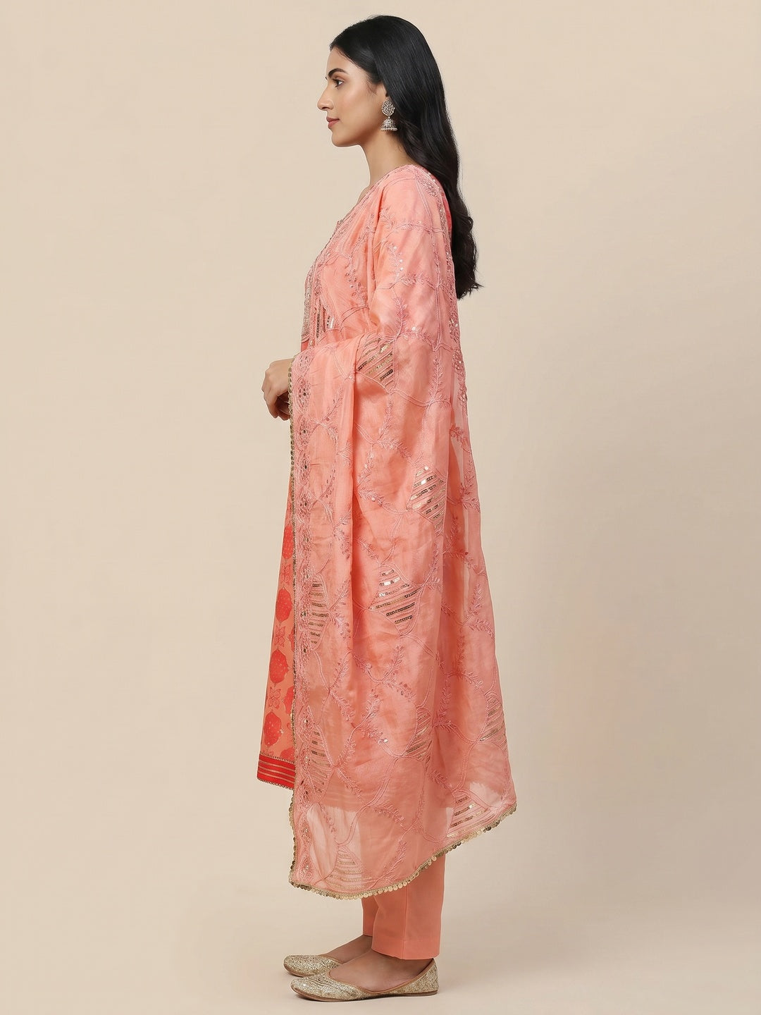 Orange Printed Organza Dress Material - Image 3