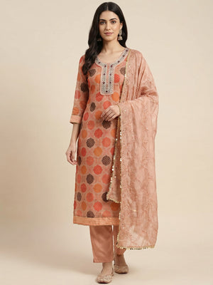 Peach Printed Organza Dress Material - Image 1