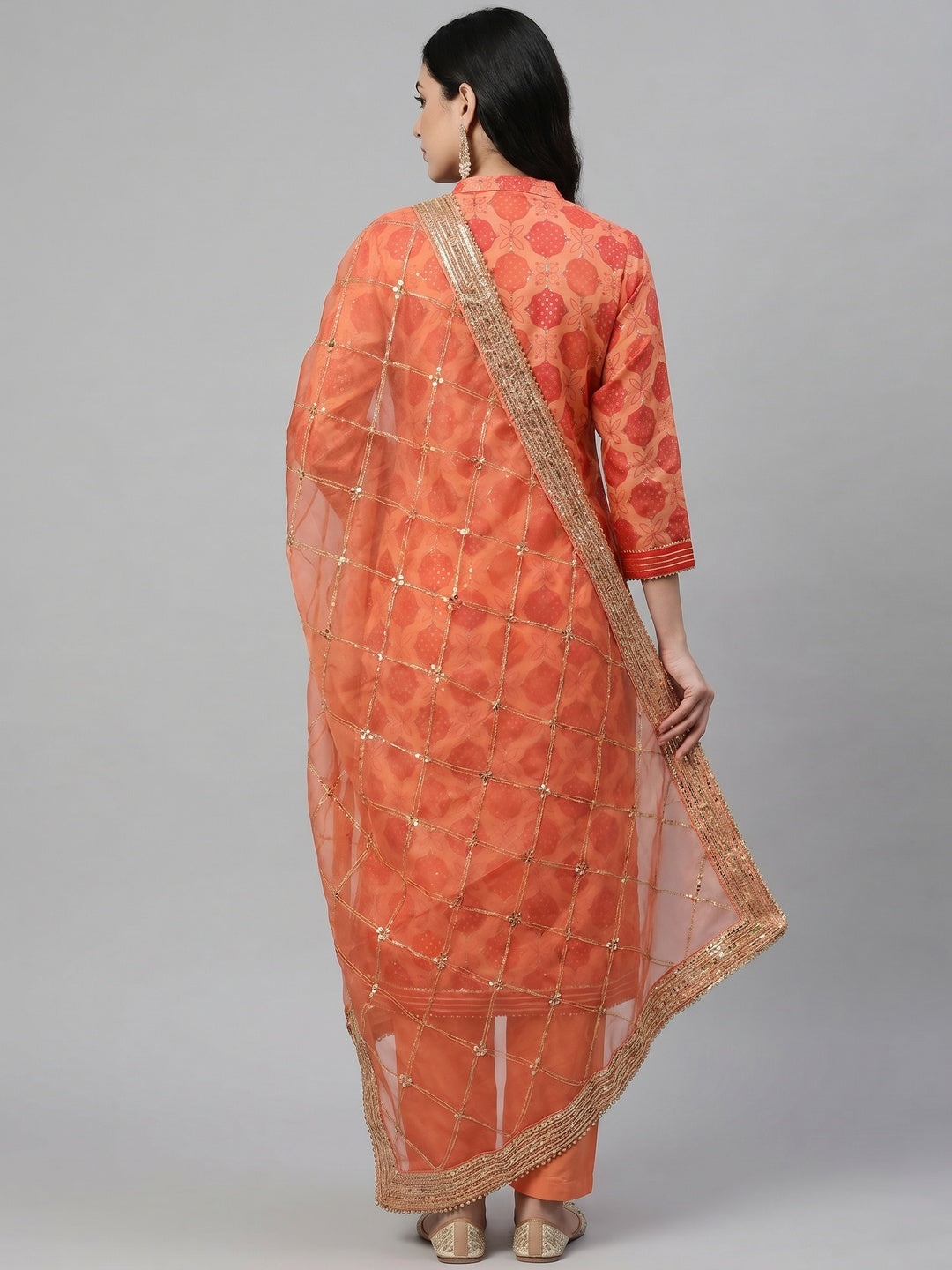 Orange Printed Organza Dress Material - Image 2
