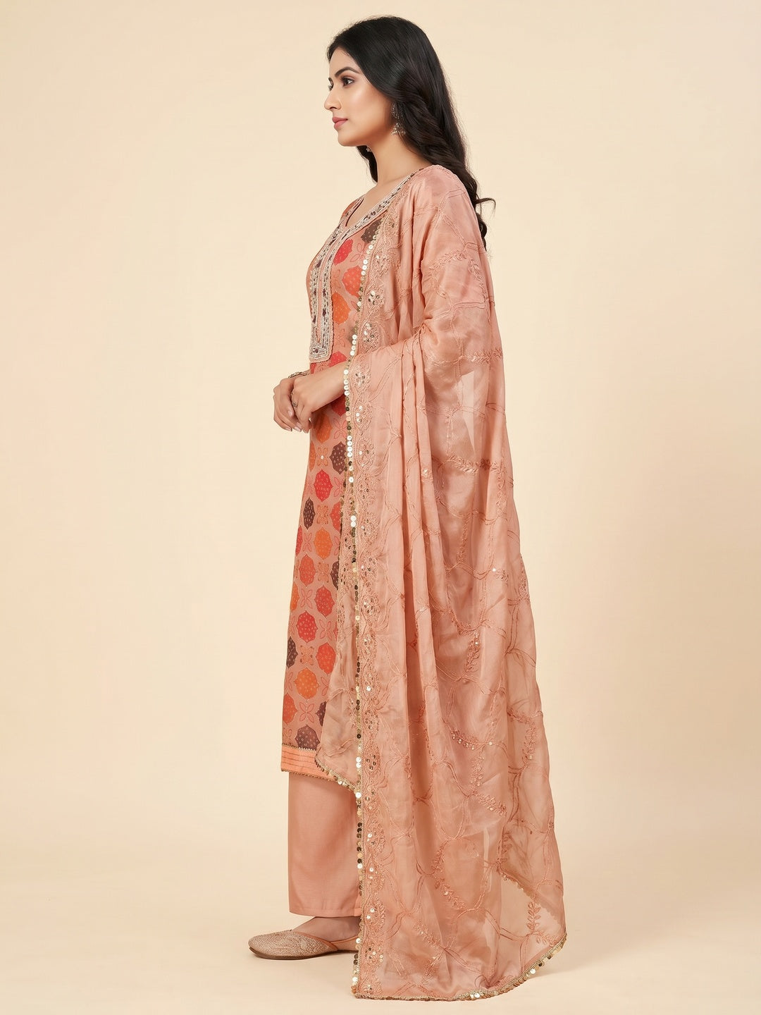 Peach Printed Organza Dress Material - Image 2