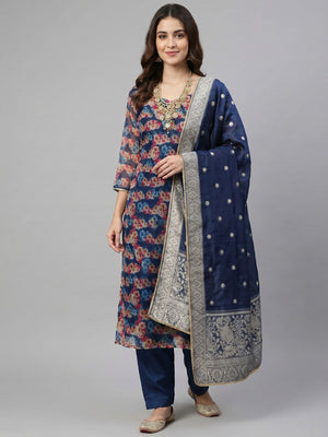Blue Floral Printed Organza Dress Material - Image 1